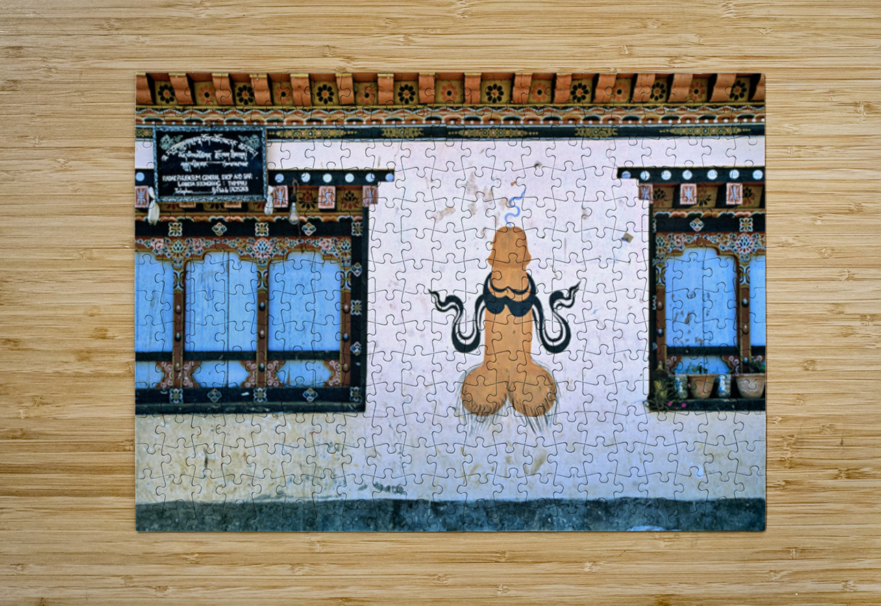 Phallus painting on a building wall with windows and shop sign. Marco Brivio Puzzle printing