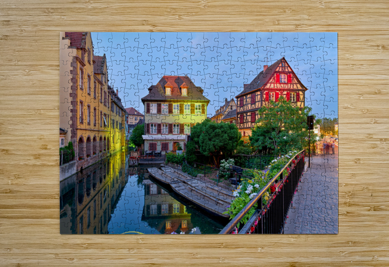 Timber framed houses and visitors in Colmar canals at dusk Marco Brivio Puzzle printing