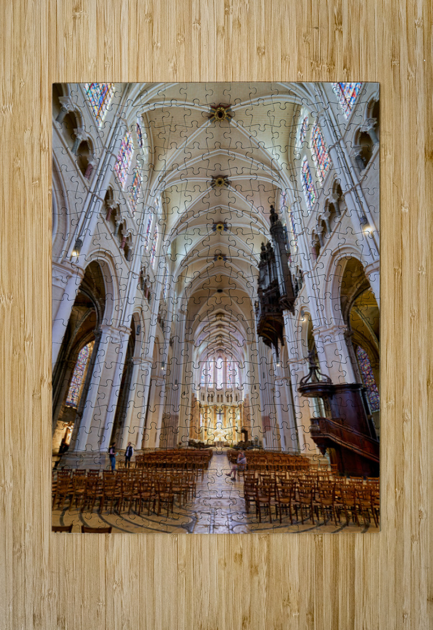 Chartres Cathedral inside with tall arches and wooden chairs Marco Brivio Puzzle printing