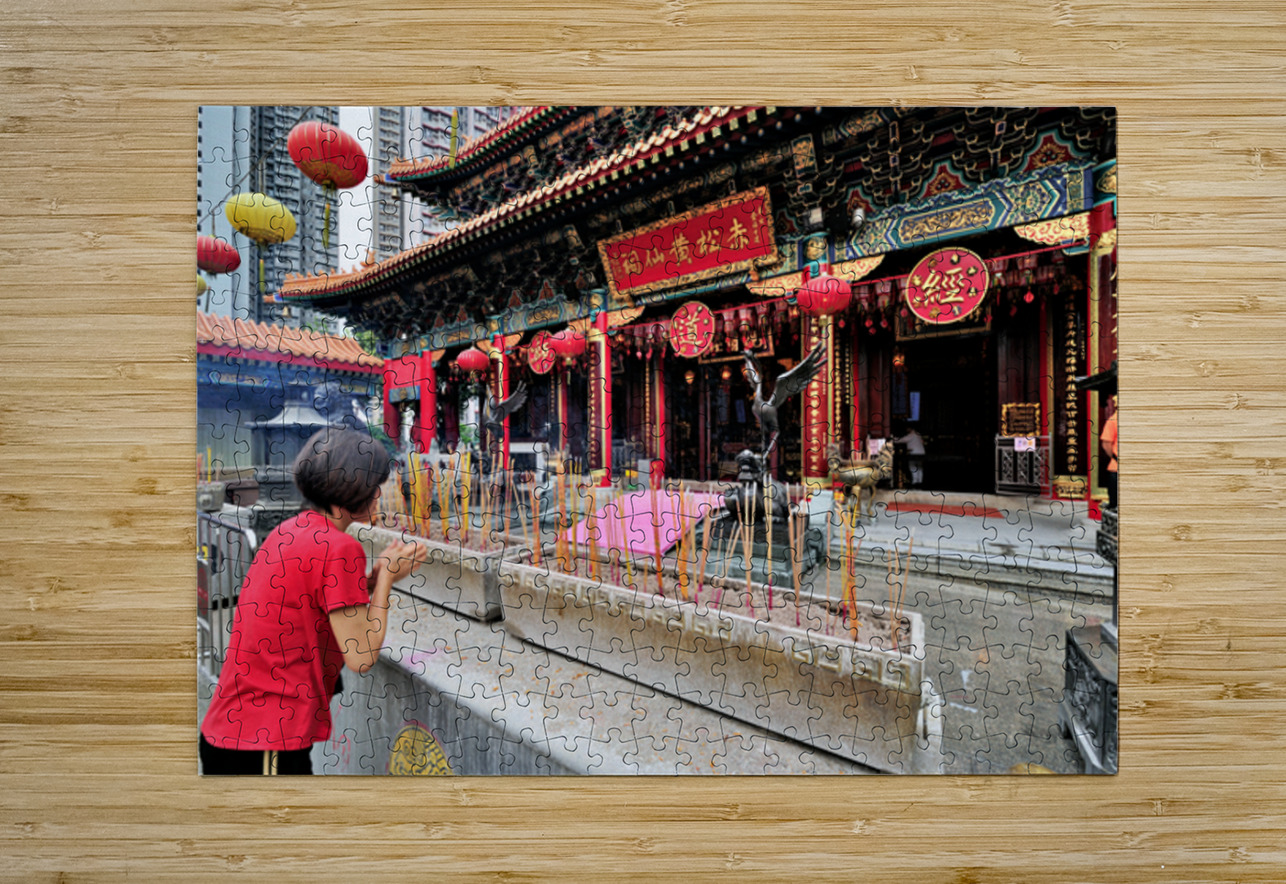 Woman prays with incense at colorful Chinese temple in Hong Kong Marco Brivio Puzzle printing