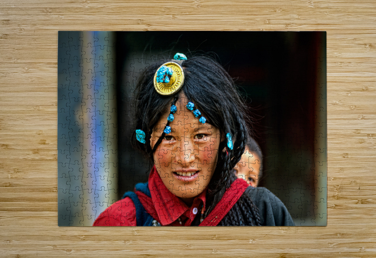 Traditional woman carries child in Tibet with ornate hair decora Marco Brivio Puzzle printing