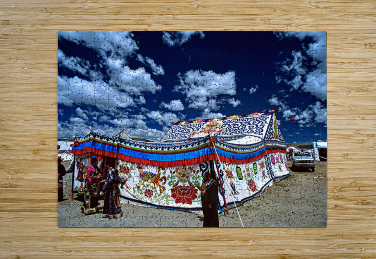 Colorful Tibetan tent with people under a cloudy sky in Tibet Marco Brivio Puzzle printing