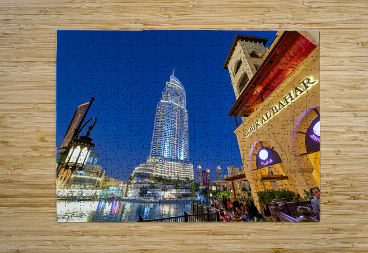 Night lights and waterfront dining in Dubai cityscape Marco Brivio Puzzle printing