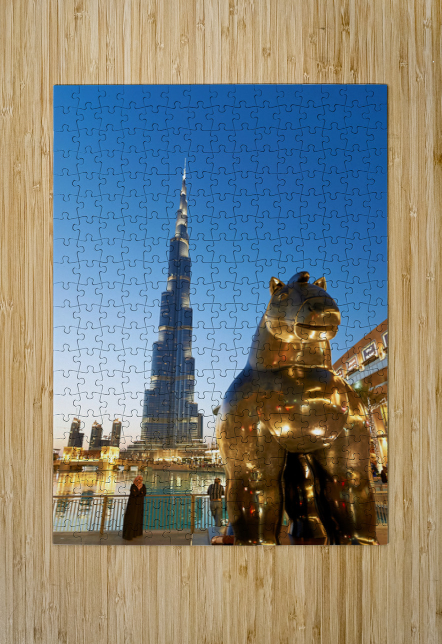 Burj Khalifa and golden horse statue at dusk in Dubai Marco Brivio Puzzle printing