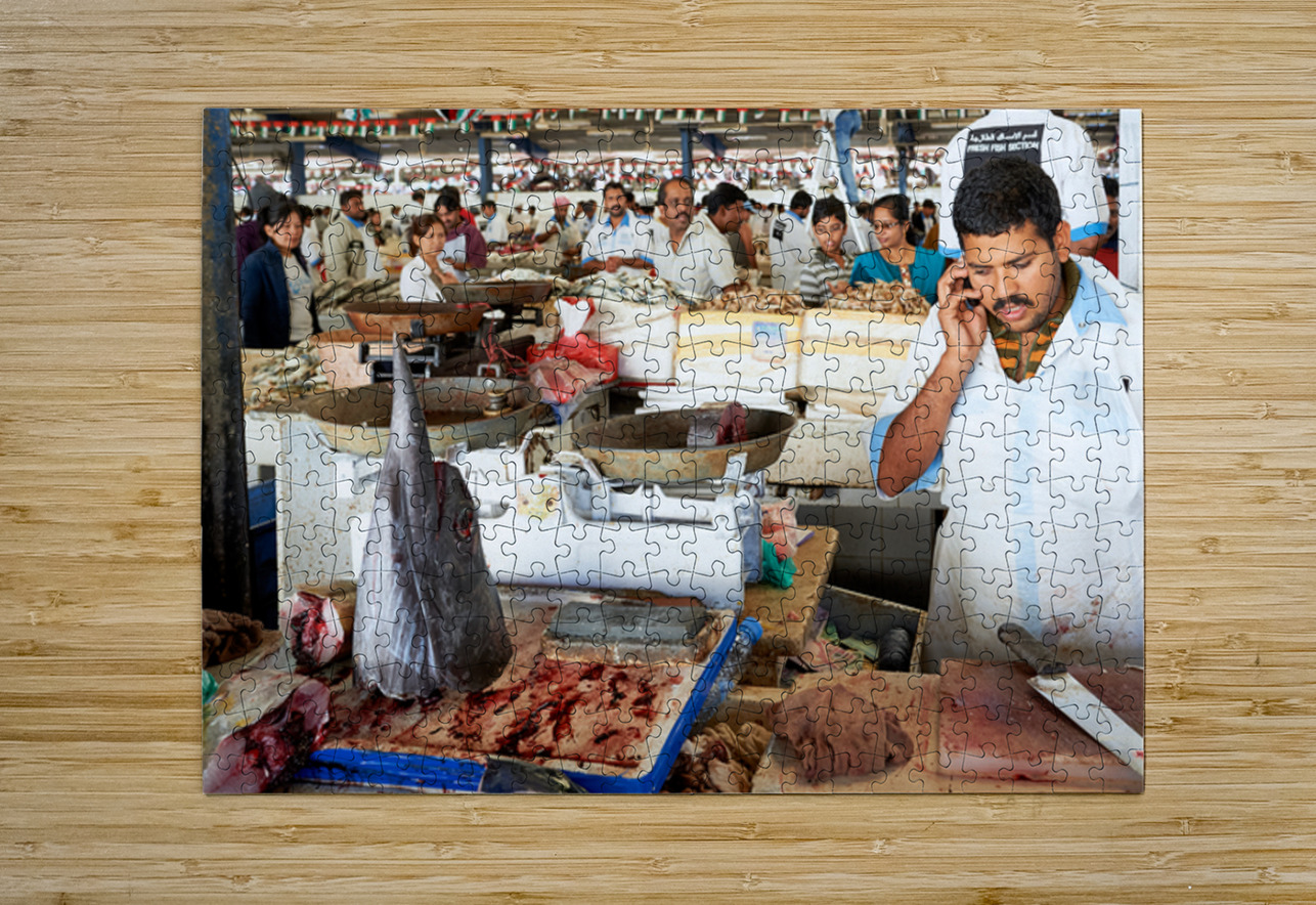 Man talks on phone at busy fish market in Dubai UAE Marco Brivio Puzzle printing