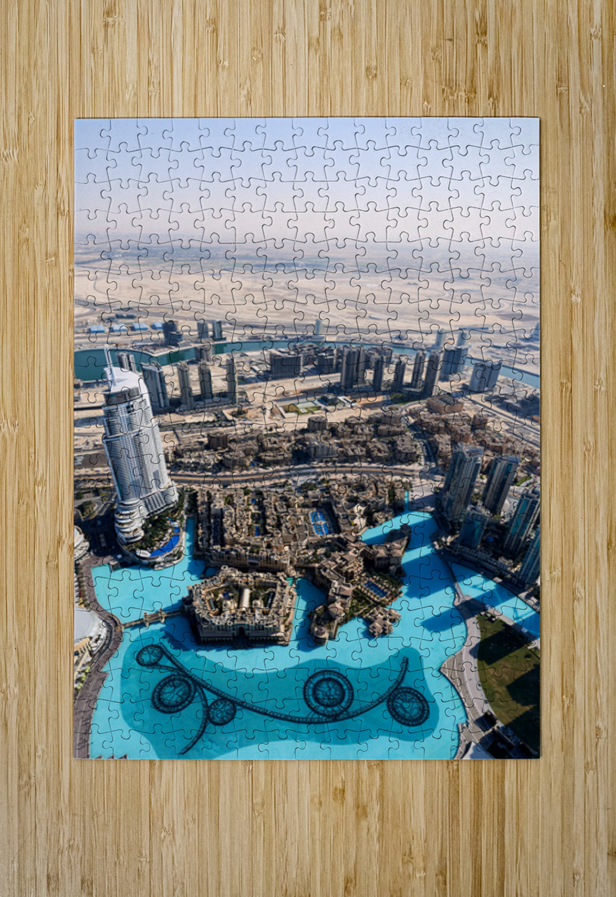 Dubai cityscape shows buildings water and desert from above Marco Brivio Puzzle printing