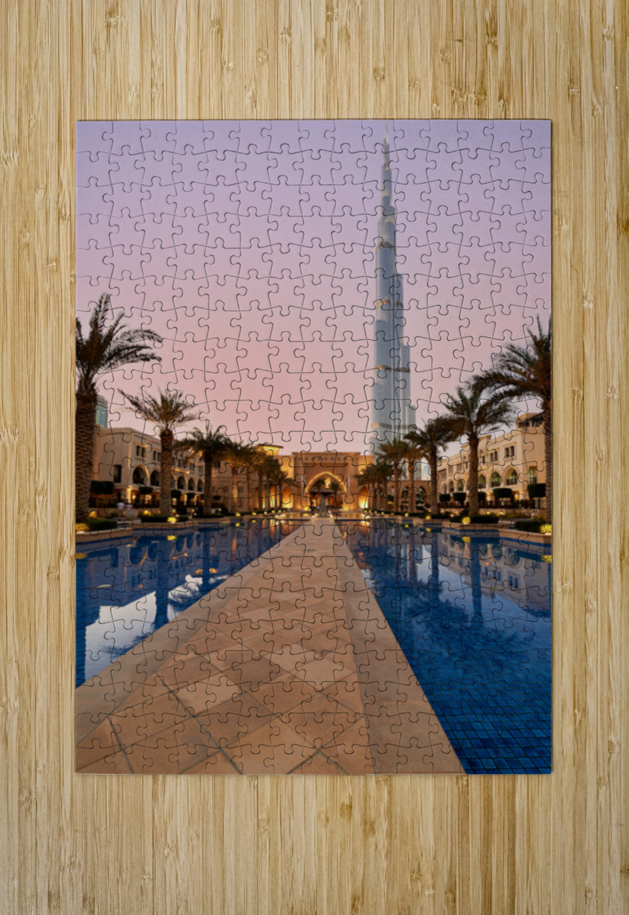 Burj Khalifa towers over pool and traditional buildings in Dubai Marco Brivio Puzzle printing