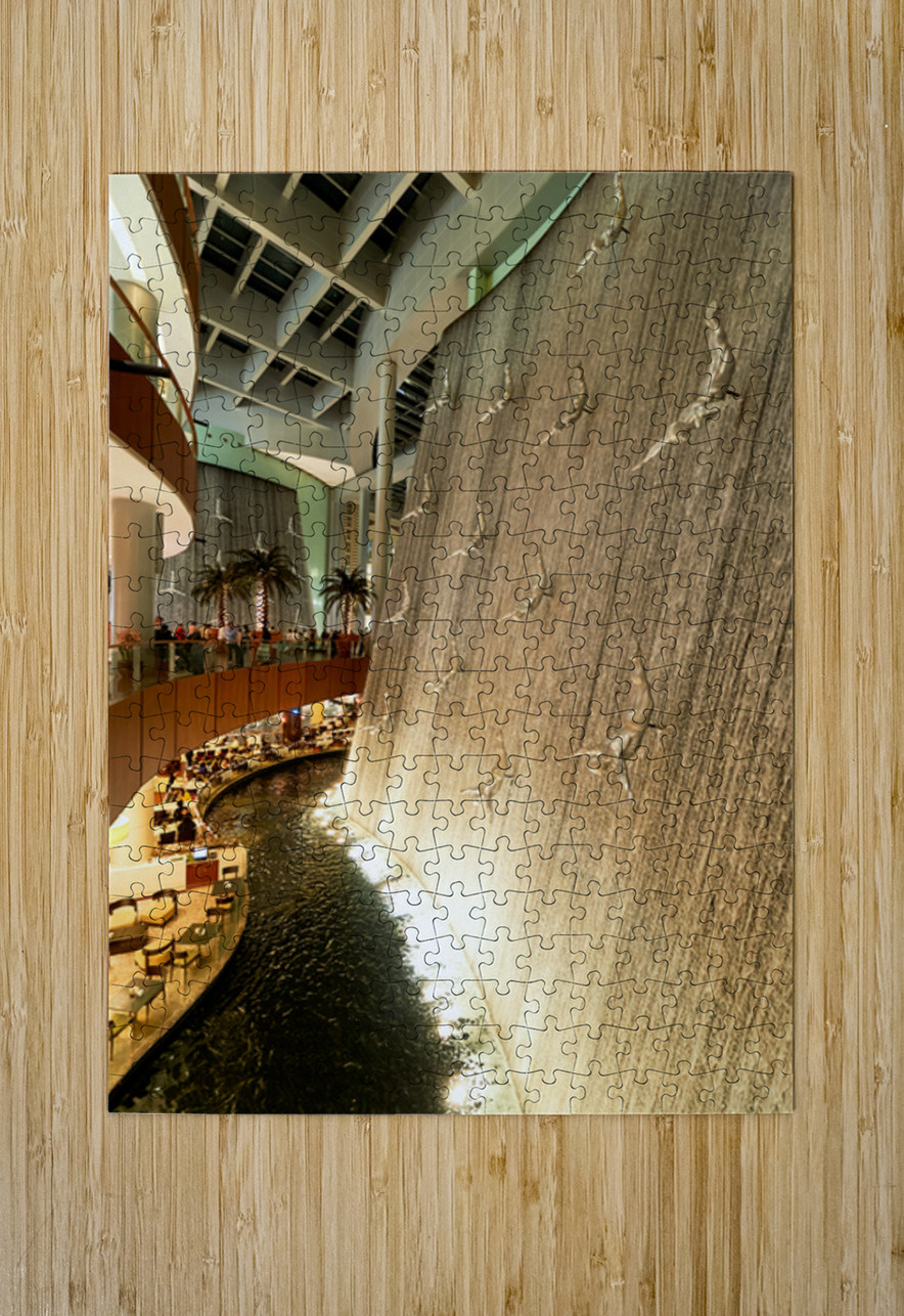 Indoor waterfall with diving sculptures and dining in Dubai UAE Marco Brivio Puzzle printing