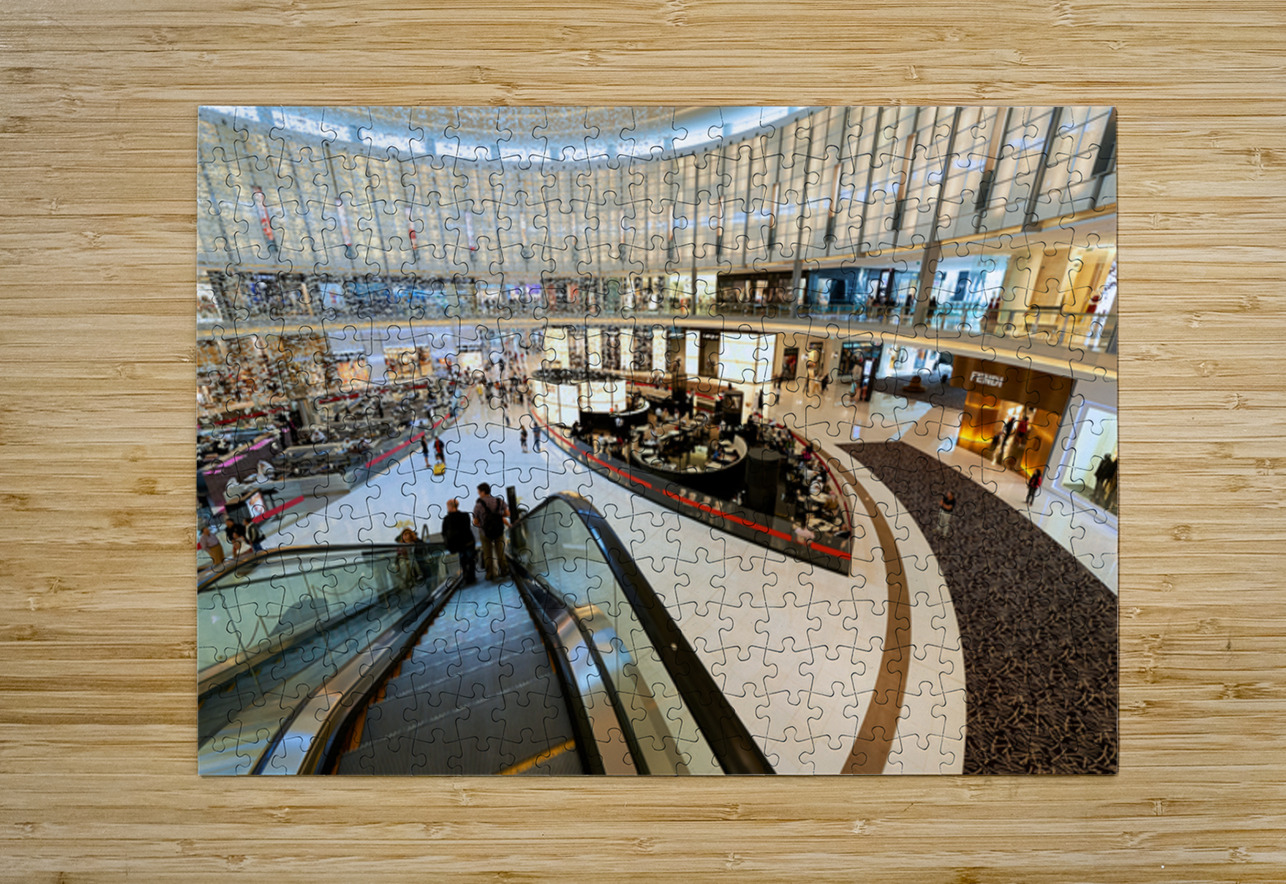 Busy shopping mall in Dubai with escalators and various stores Marco Brivio Puzzle printing
