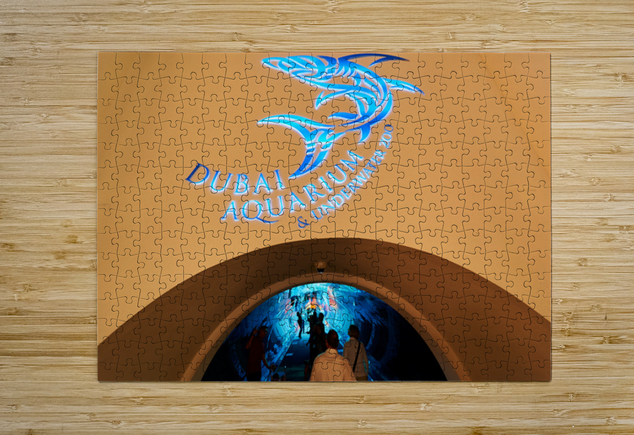 Entrance to Dubai Aquarium Underwater Zoo with glowing shark sig Marco Brivio Puzzle printing