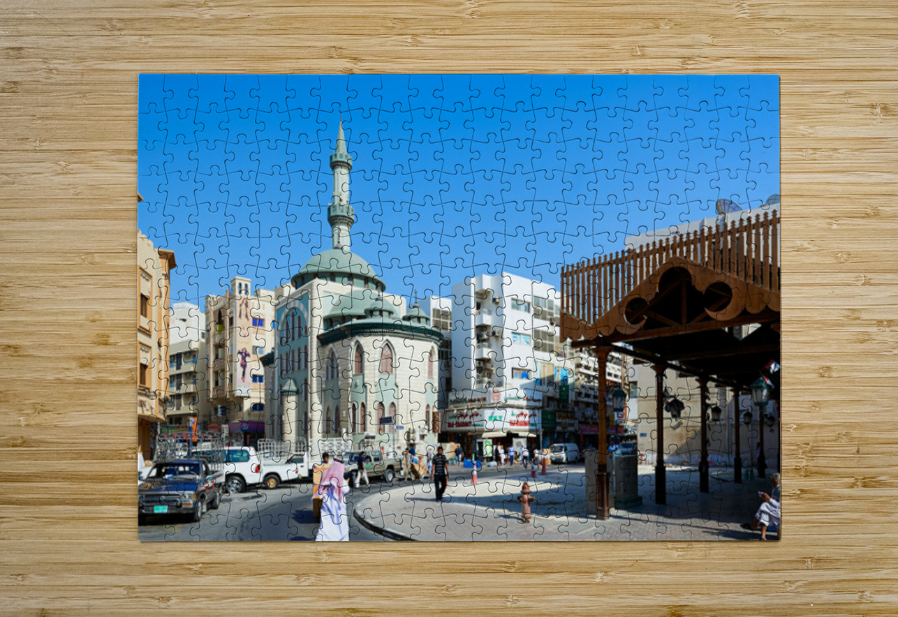 Middle Eastern street scene with mosque and market in Dubai UAE Marco Brivio Puzzle printing