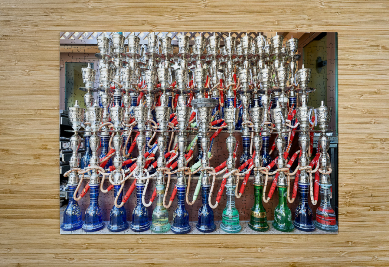 Display of hookahs for sale in Dubai cafe with many options Marco Brivio Puzzle printing