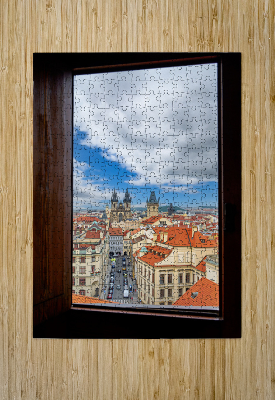 Prague cityscape from window Tyn Church red roofs. Marco Brivio Puzzle printing
