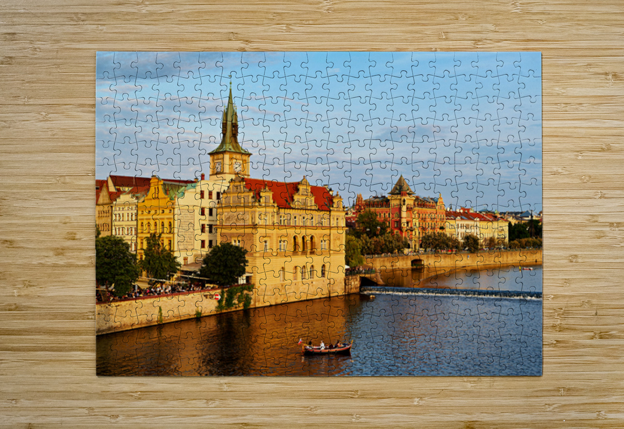 Sunset over Pragues Vltava River historic buildings and boat. Marco Brivio Puzzle printing