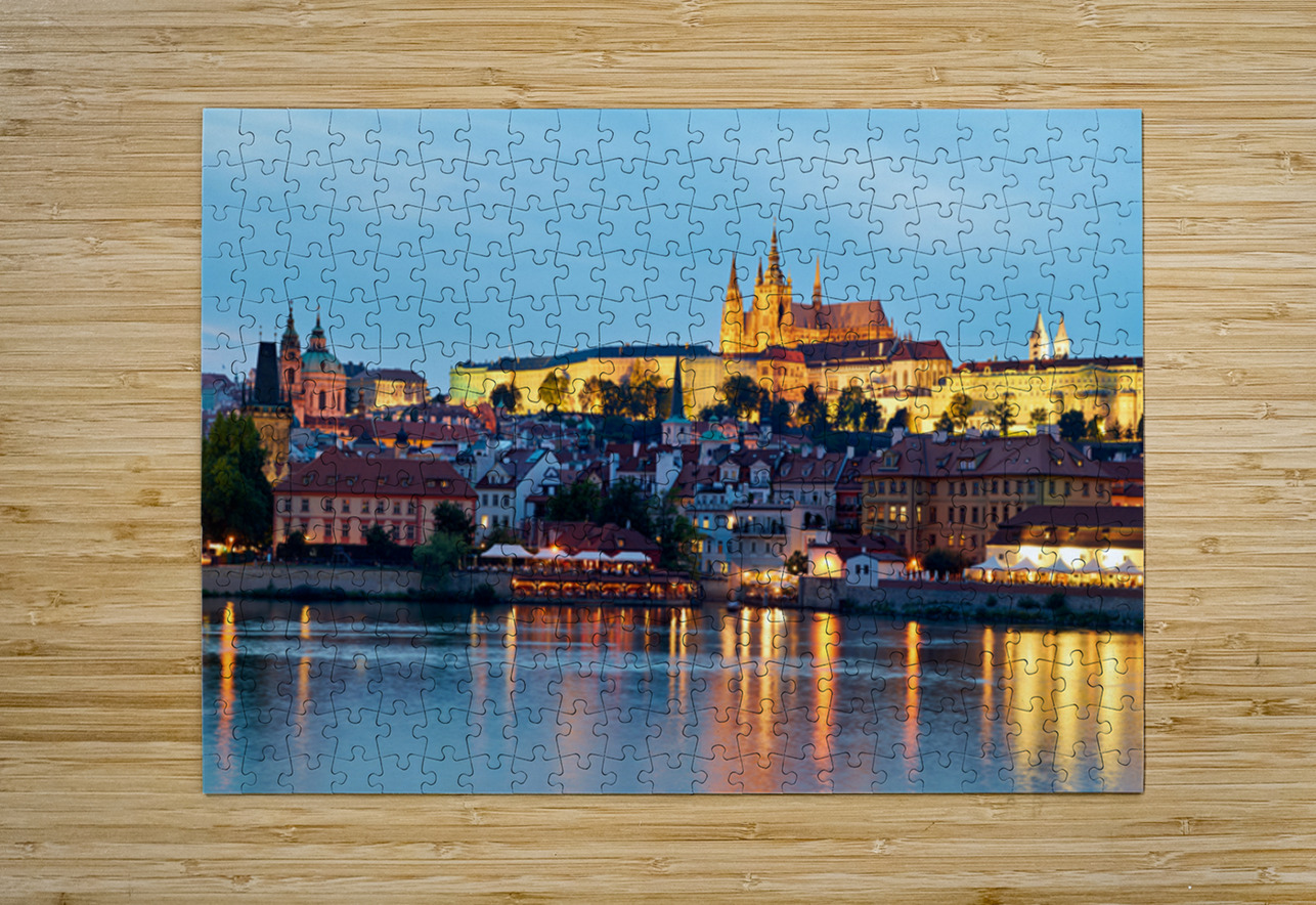 Prague cityscape at night with castle and river reflections. Marco Brivio Puzzle printing