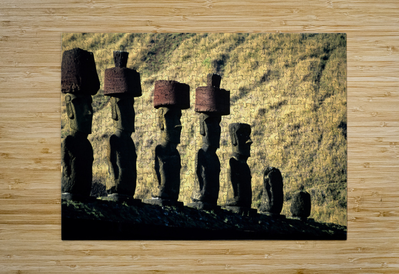 Easter Island Moai statues with red hats on a hillside. Marco Brivio Puzzle printing