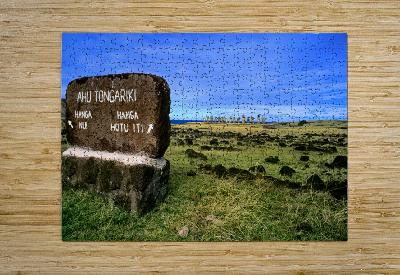 Easter Islands Ahu Tongariki Moai statues and directional sign. Marco Brivio Puzzle printing