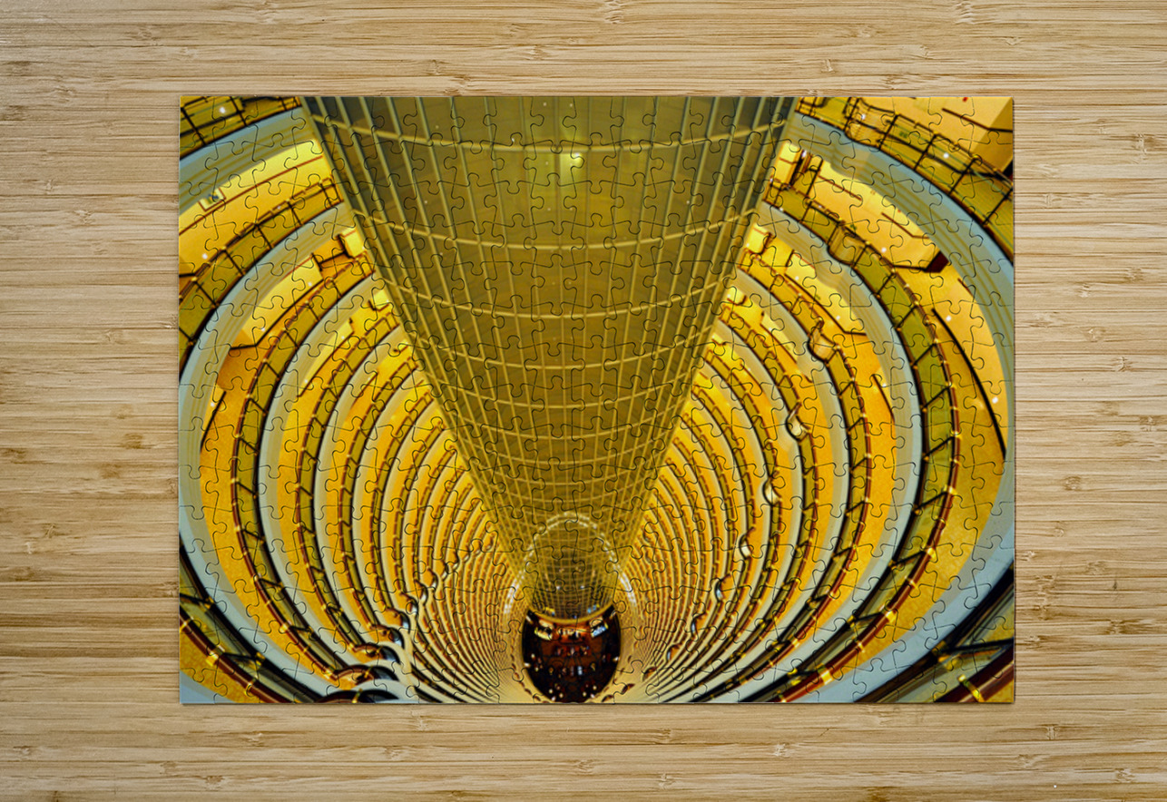 Golden hotel atrium with glass elevator in Shanghai China Marco Brivio Puzzle printing