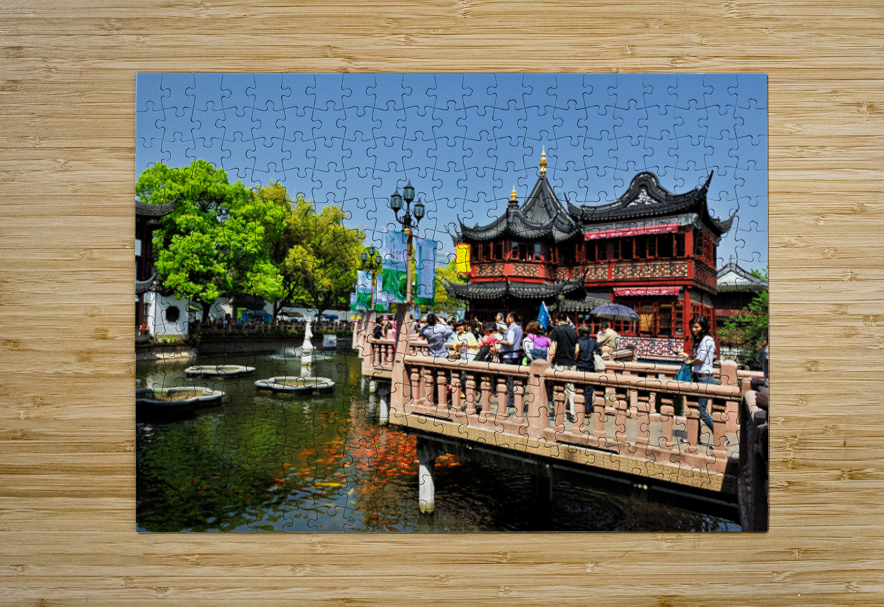 Vibrant Chinese garden with koi pond and visitors in Shanghai Marco Brivio Puzzle printing