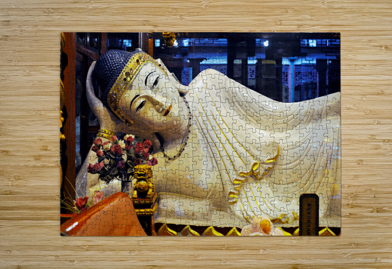 Reclining Buddha statue in Shanghai temple with flowers and gold Marco Brivio Puzzle printing