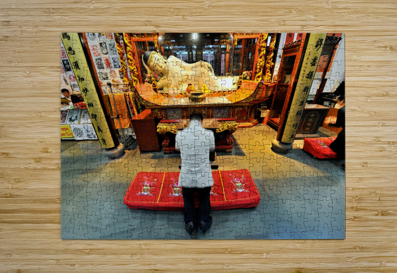 Worshipper kneels before Buddha statue in Shanghai temple Marco Brivio Puzzle printing