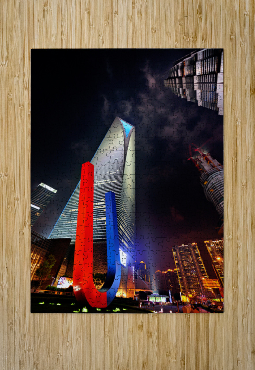 Luminous Shanghai skyscrapers and abstract sculpture at night Marco Brivio Puzzle printing