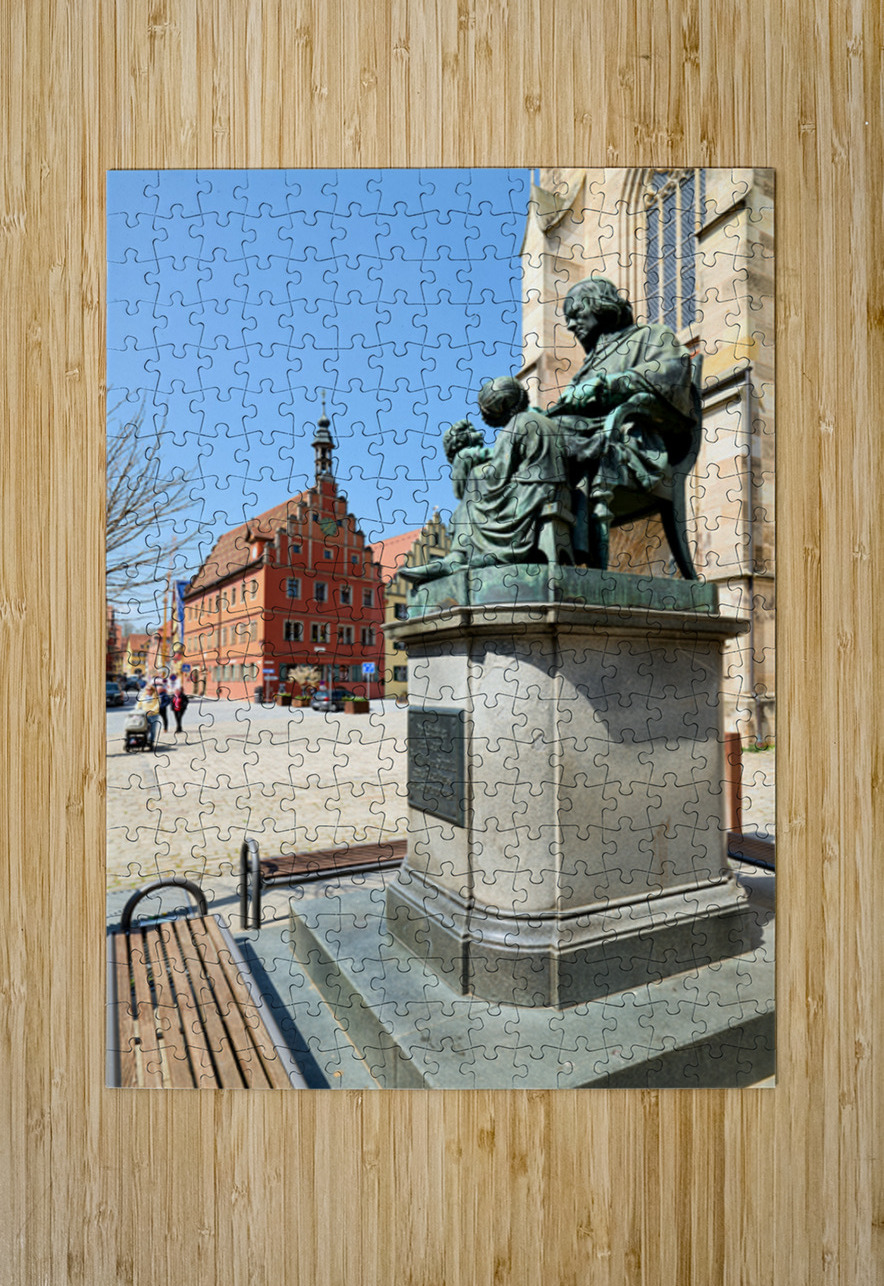 Visitors explore Dinkelsbuhl old town and historical statue Marco Brivio Puzzle printing