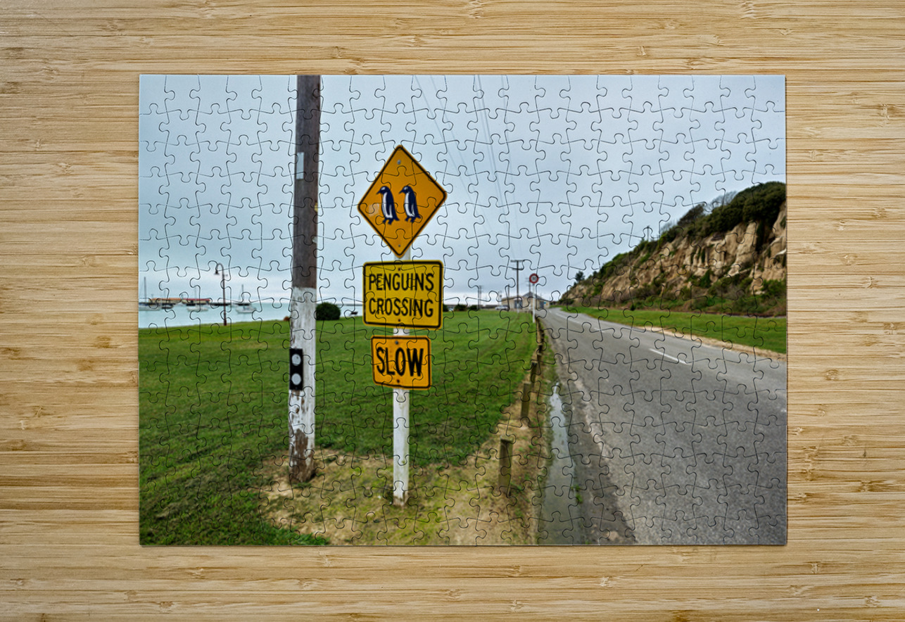 Penguin crossing sign alerts wildlife in Oamaru NZ Marco Brivio Puzzle printing