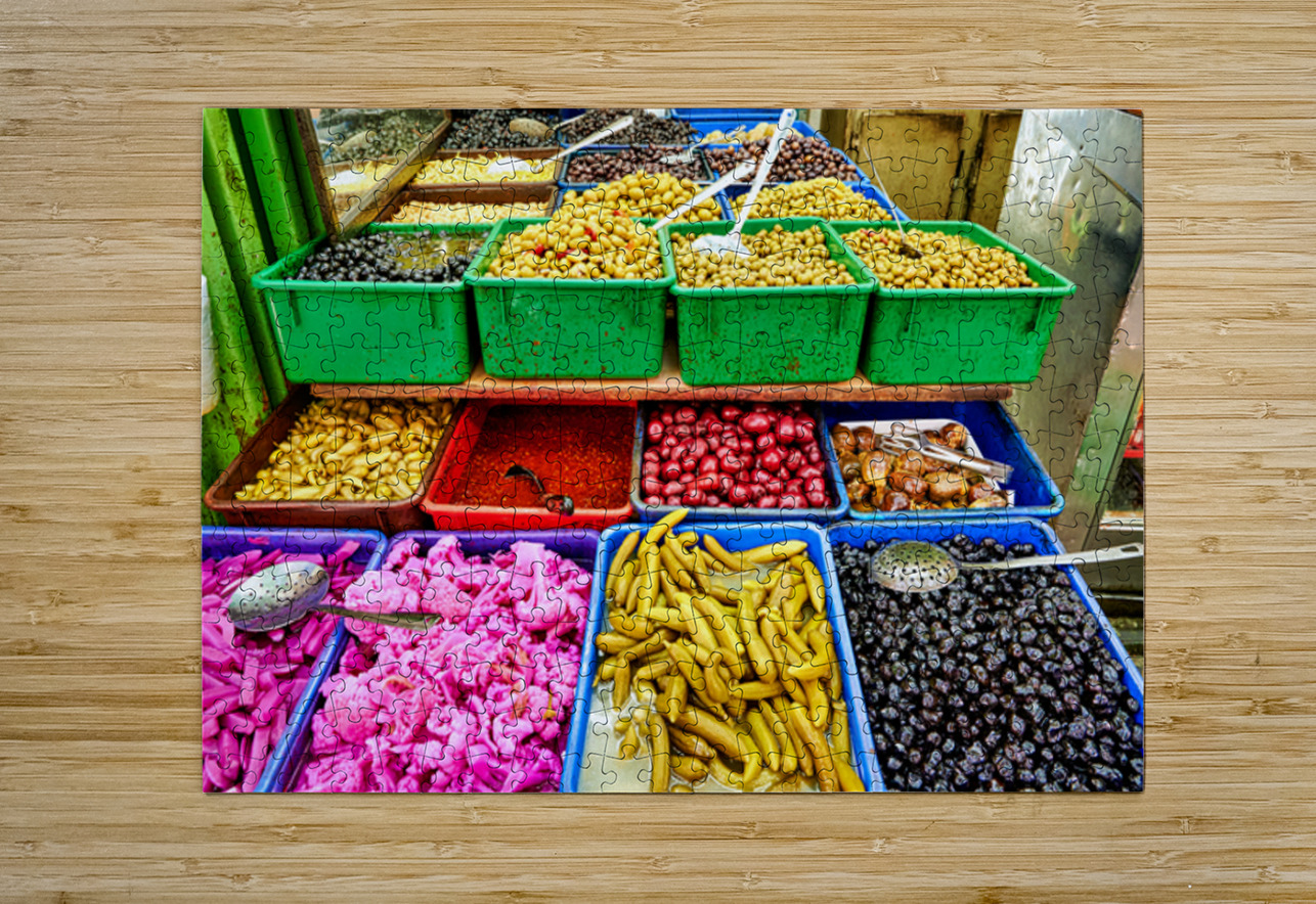 Pickles and olives for sale in market in old city of Jerusalem Marco Brivio Puzzle printing