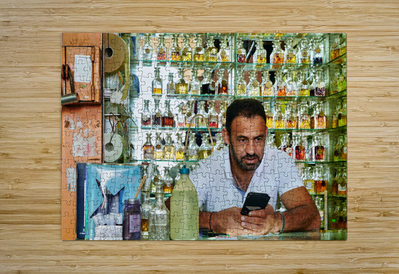 Man working in a perfumery in the old city of Jerusalem Marco Brivio Puzzle printing