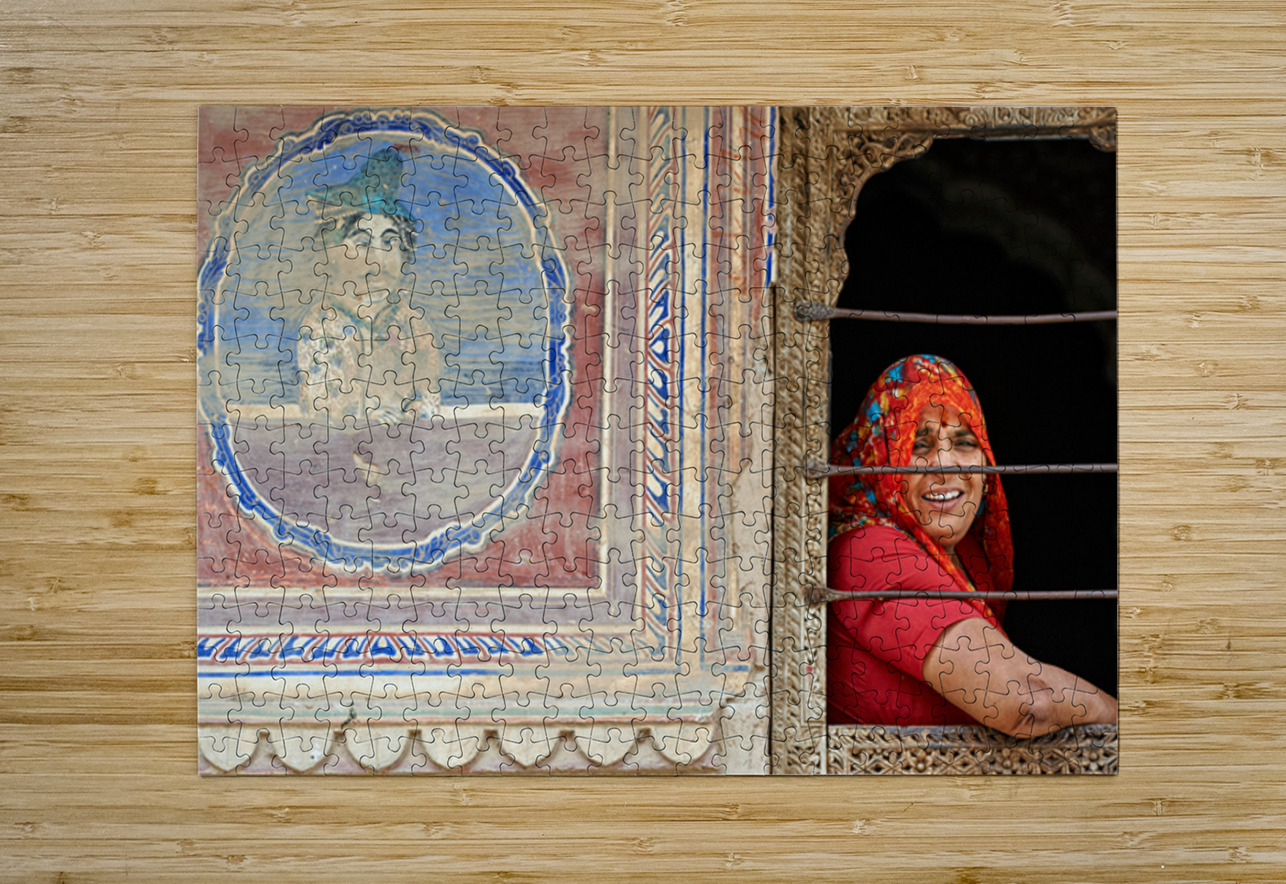 Woman smiles while looking out of a window in Mandawa Rajasthan Marco Brivio Puzzle printing