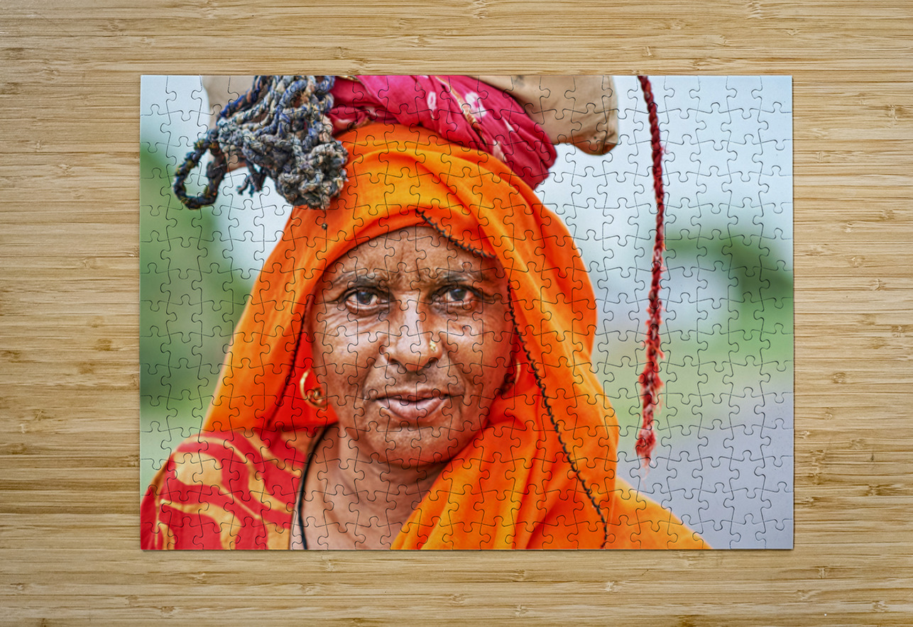 Portrait of an old woman in Rajasthan India wearing bright clot Marco Brivio Puzzle printing