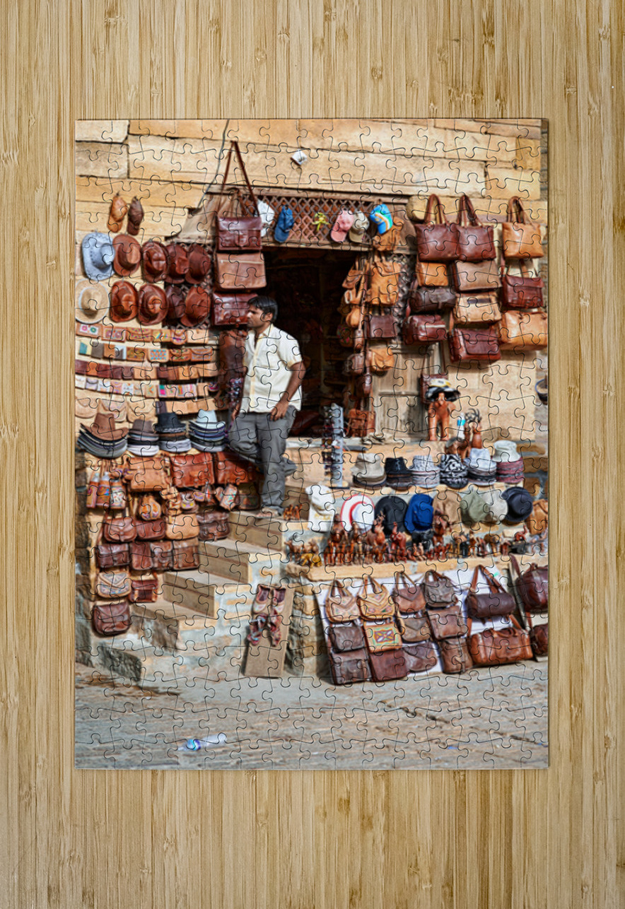 Selling leather bags in Jaisalmer from a shop Marco Brivio Puzzle printing