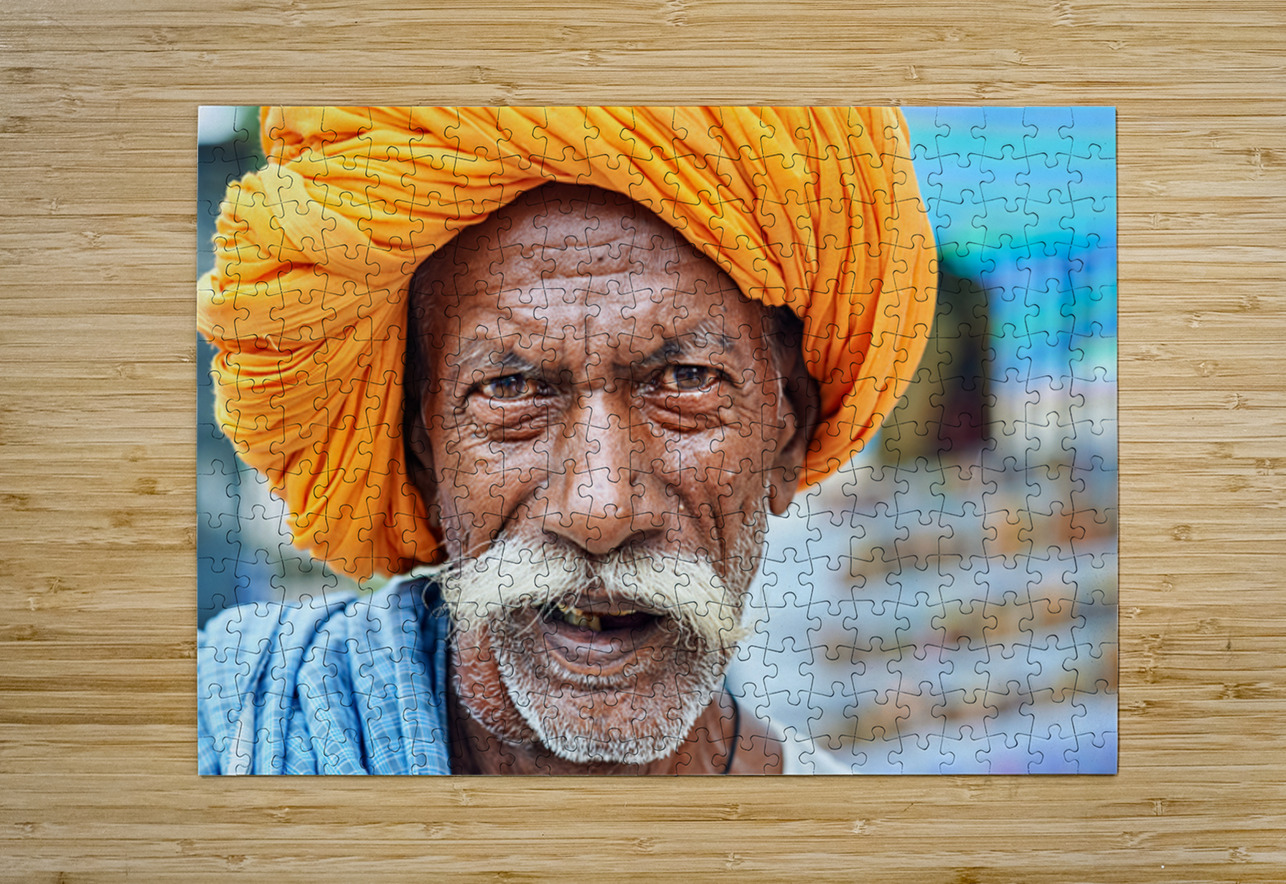 Old man in Bundi Rajasthan showing traditional culture and attir Marco Brivio Puzzle printing