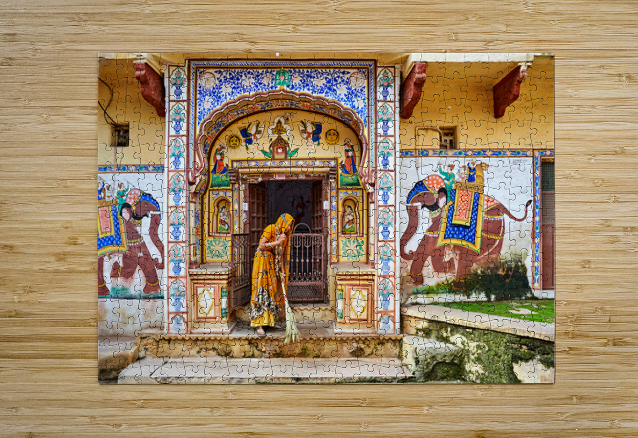 Bundi Rajasthan house with painted walls and a woman sweeping Marco Brivio Puzzle printing