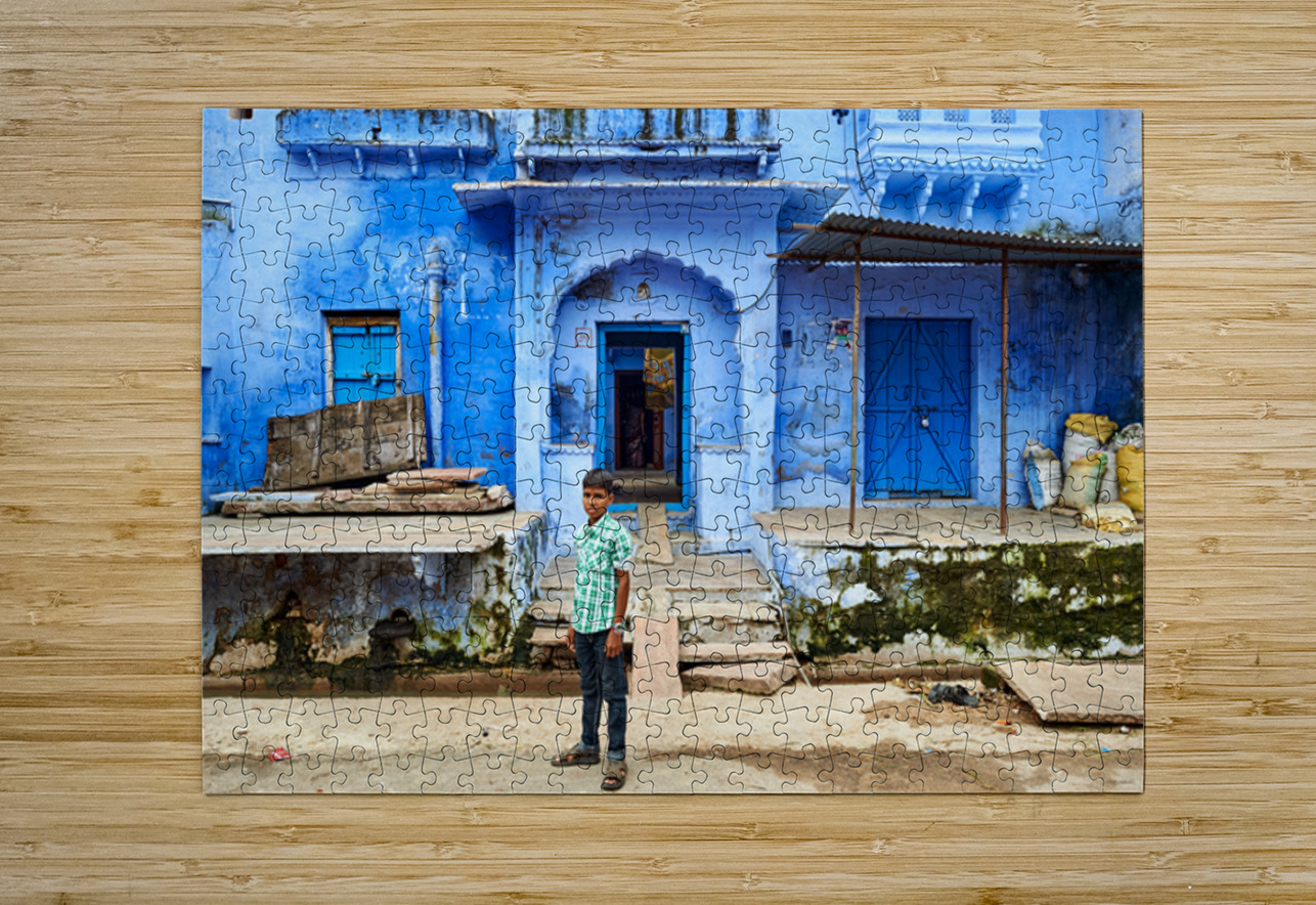 Decorated painted house in Bundi with a boy standing outside Marco Brivio Puzzle printing