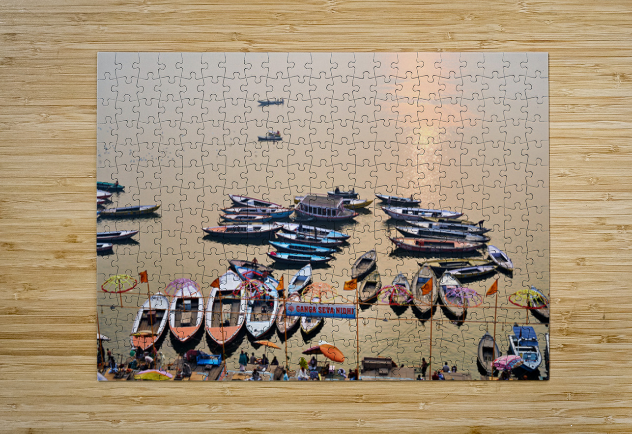 Sunrise at Ganges River in Varanasi with boats and activities Marco Brivio Puzzle printing