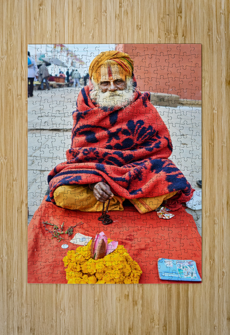 Holy man sadhu sits with offerings in Varanasi Uttar Pradesh Marco Brivio Puzzle printing
