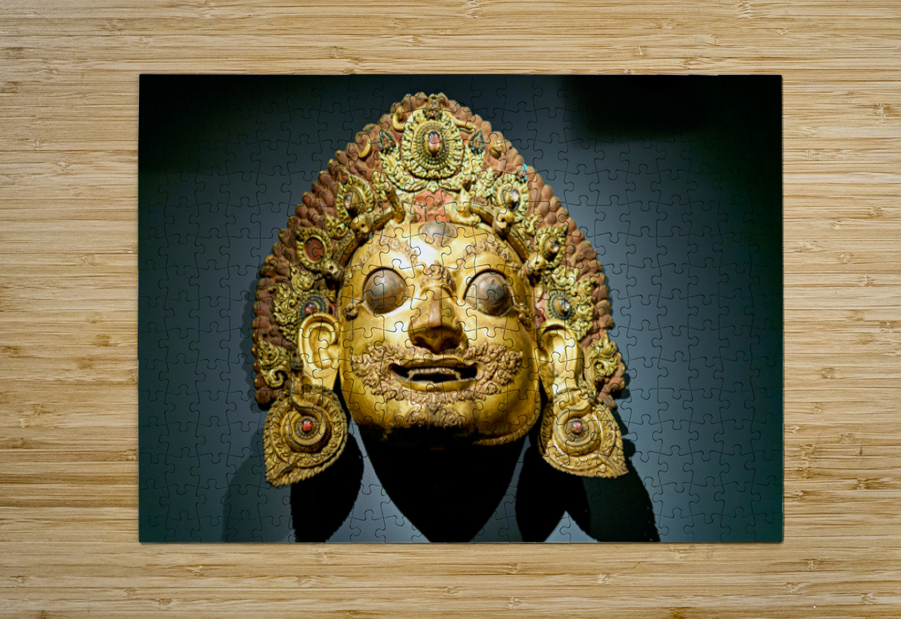 Golden face mask displayed at the Asian Art Gallery in Manhattan Marco Brivio Puzzle printing