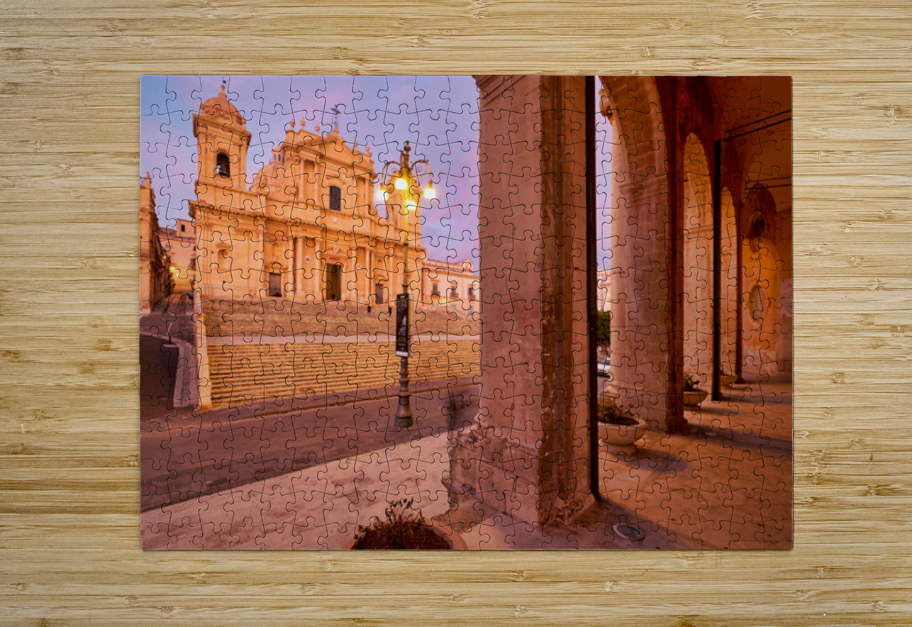 Noto Cathedral in Sicily glows at dusk with streetlights Marco Brivio Puzzle printing