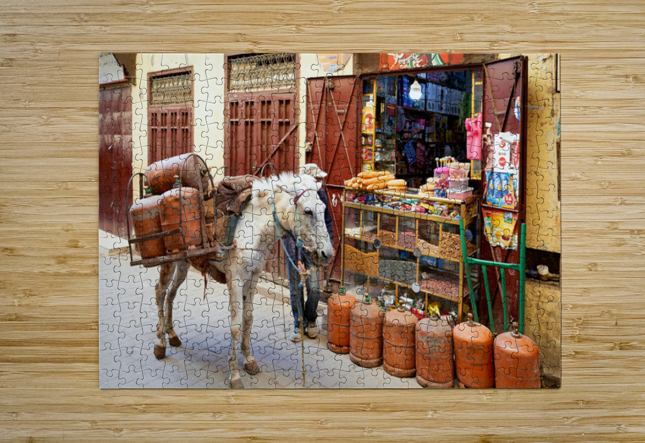 Donkey carrying gas cylinders through Fez Medina streets Marco Brivio Puzzle printing