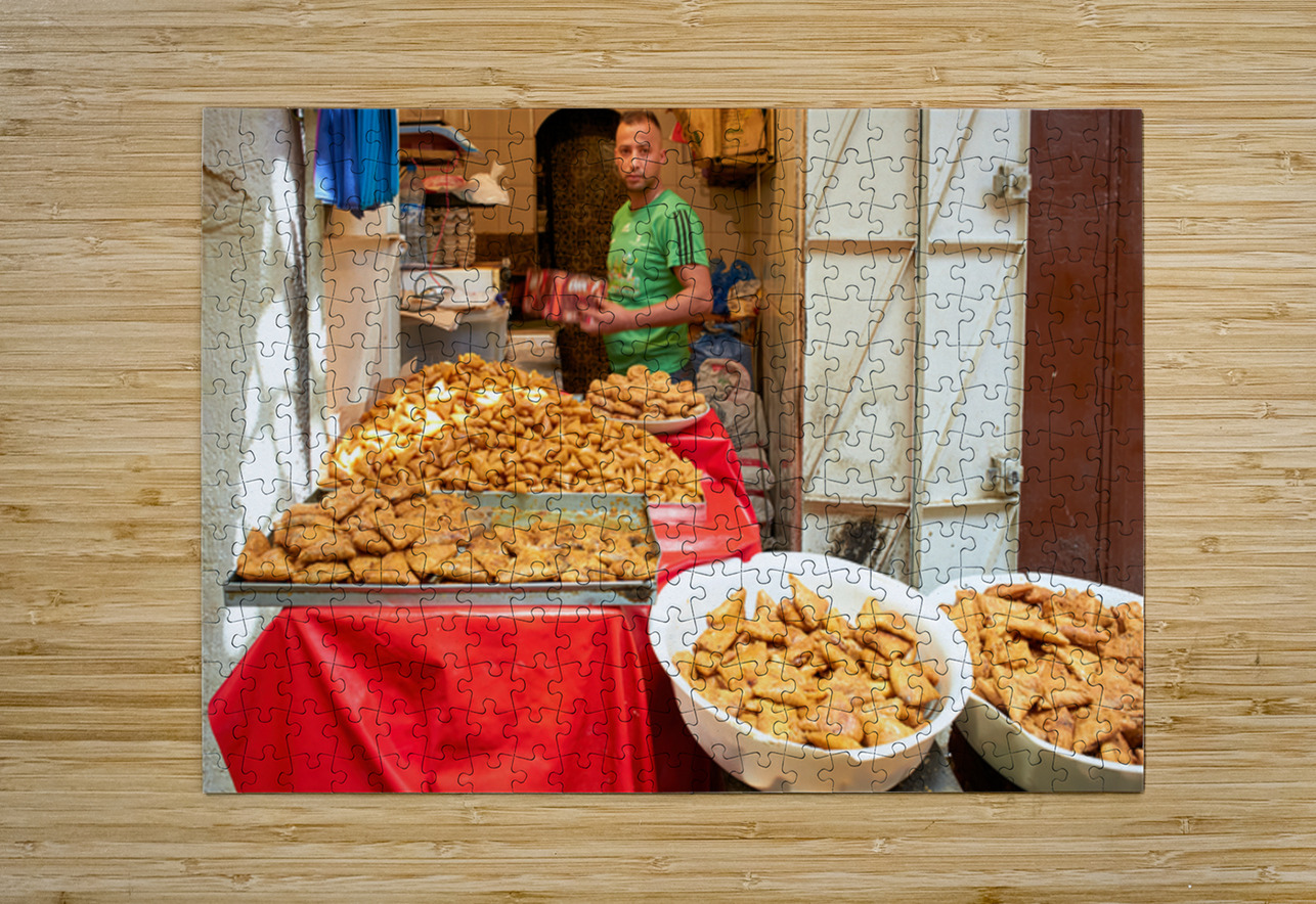 Fried sweets stall in the old town of Fez Morocco selling treat Marco Brivio Puzzle printing