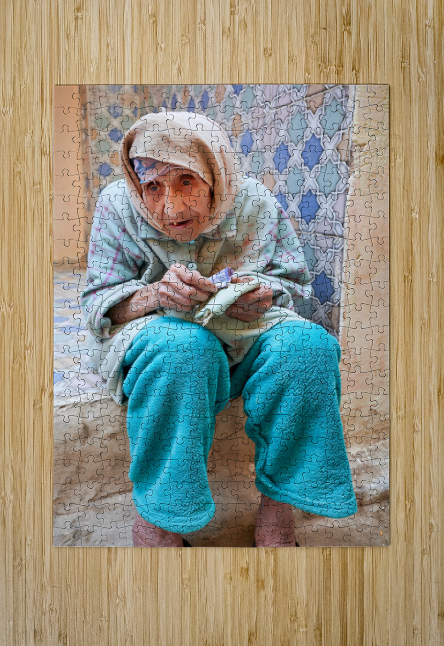 Beggar sitting in Fez Morocco with worn clothes and hands Marco Brivio Puzzle printing