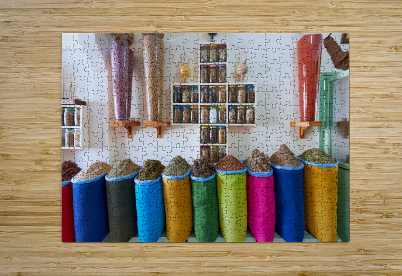 Herbal remedy shop in Marrakesh showing colorful bags of herbs Marco Brivio Puzzle printing