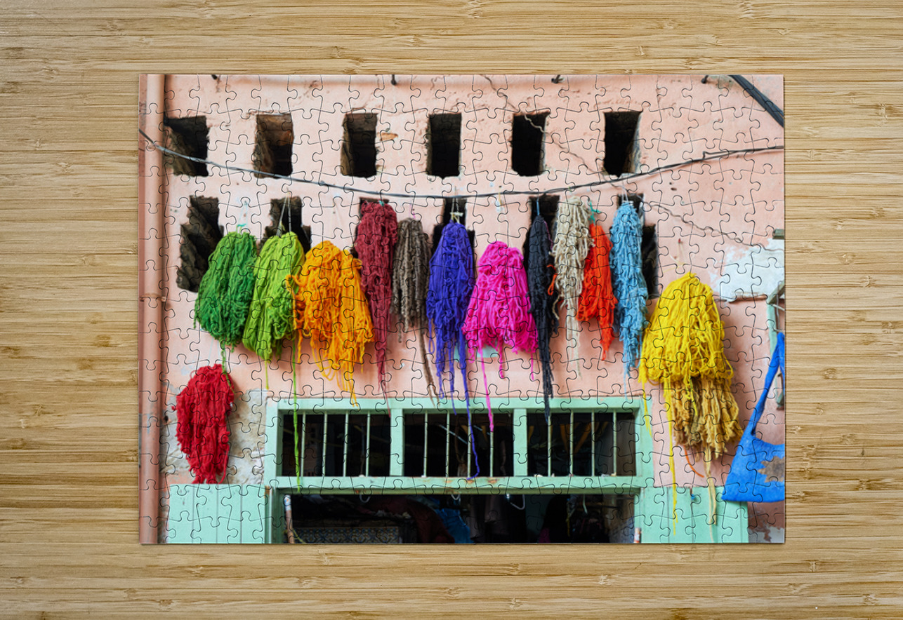 Hanging dyed threads in the dyers souk of Marrakesh Morocco Marco Brivio Puzzle printing