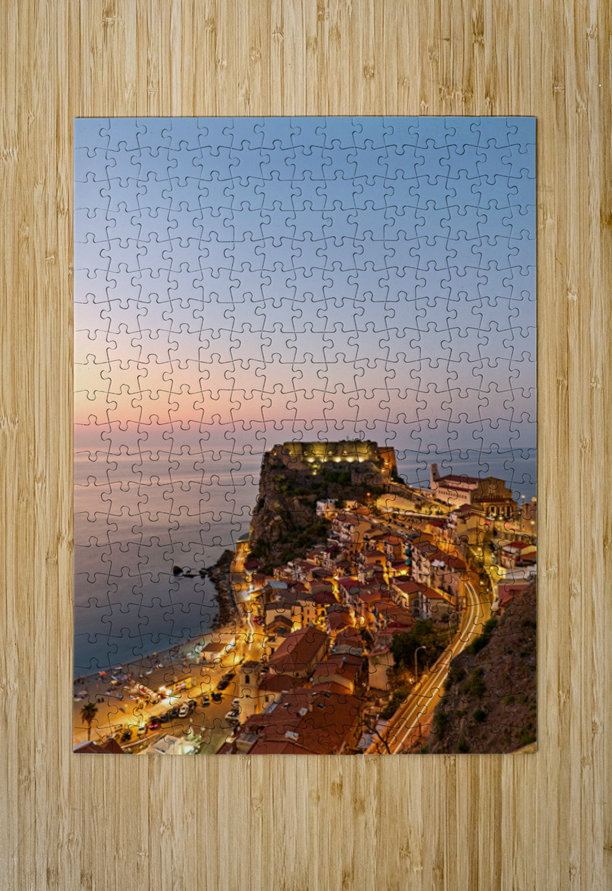 Elevated view of Ruffo castle and Scilla at sunset in Calabria Marco Brivio Puzzle printing