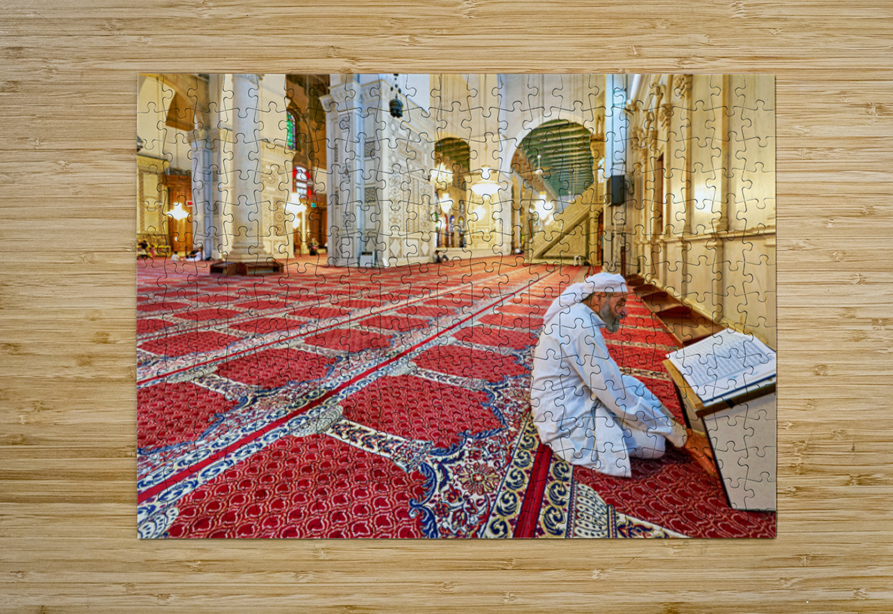 Visitor reading Quran in Umayyad Mosque in Damascus Marco Brivio Puzzle printing