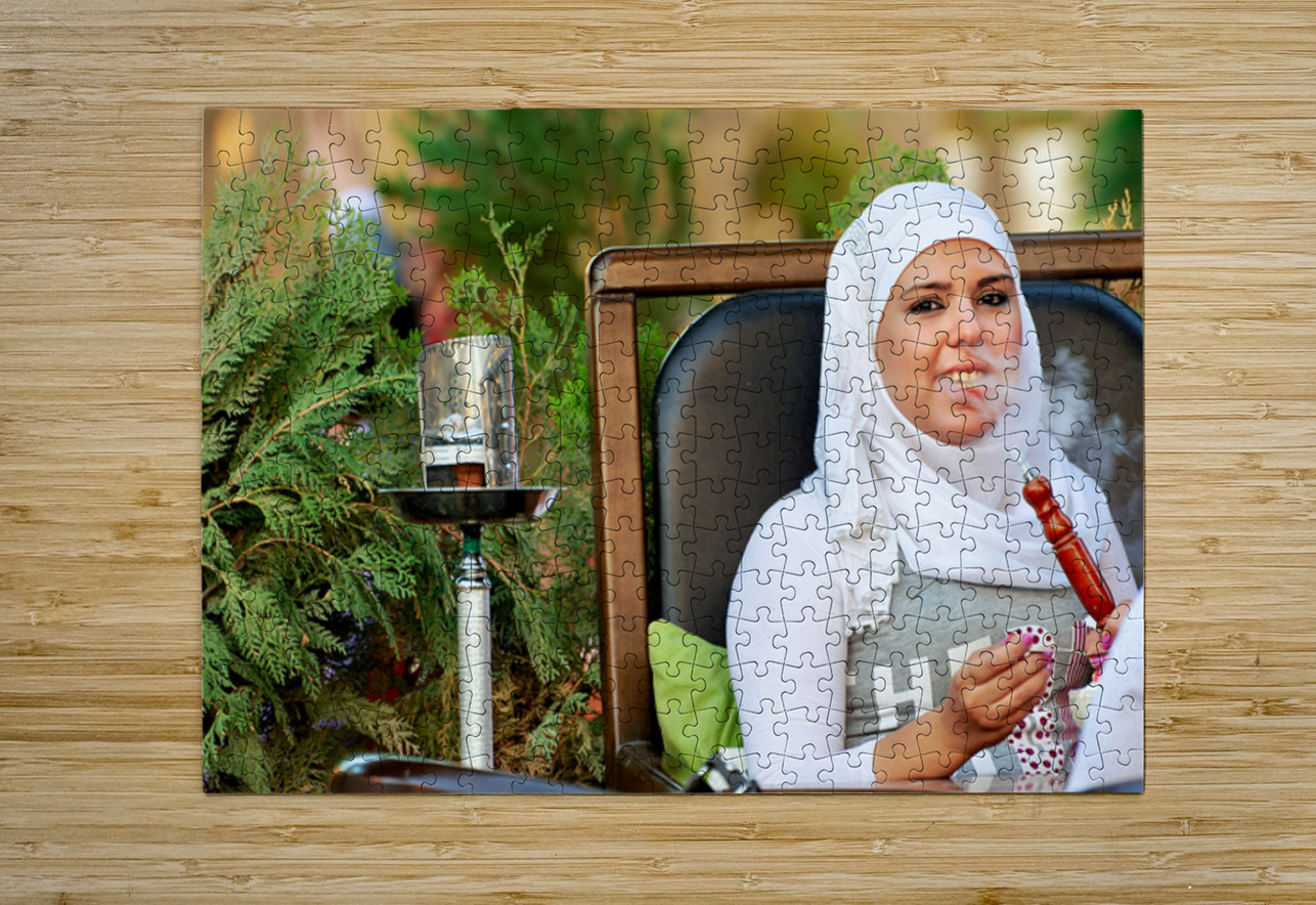 Young woman smokes hookah in outdoor cafe in Aleppo Syria Marco Brivio Puzzle printing