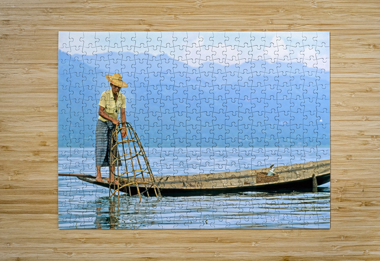 Traditional fishing on Inle Lake in Myanmar by local fisherman Marco Brivio Puzzle printing