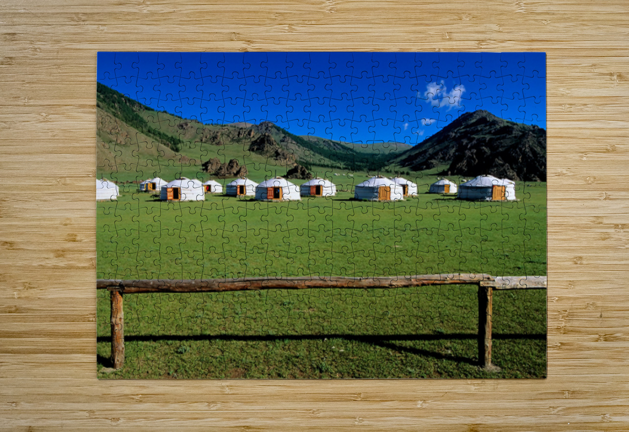 Ger tents in the grassy fields of Mongolia under clear skies Marco Brivio Puzzle printing